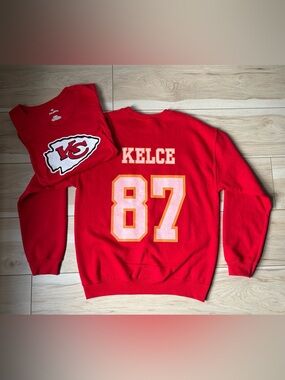 Kansas City Chiefs Kelce 87 Sweatshirt + Fanatics Tee Womens Bundle Red NFL Era